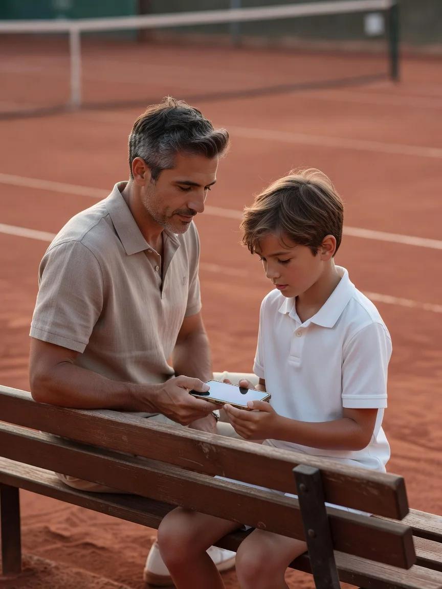 A parent and child reviewing a tennis match together on a phone, courtside in Mallorca